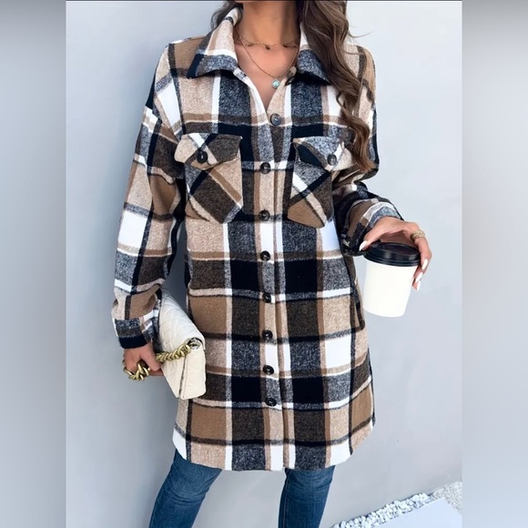 Brand New Camel Brown Flannel Shacket Coat Plaid Button Down Shirt Jacket - Picture 3 of 16